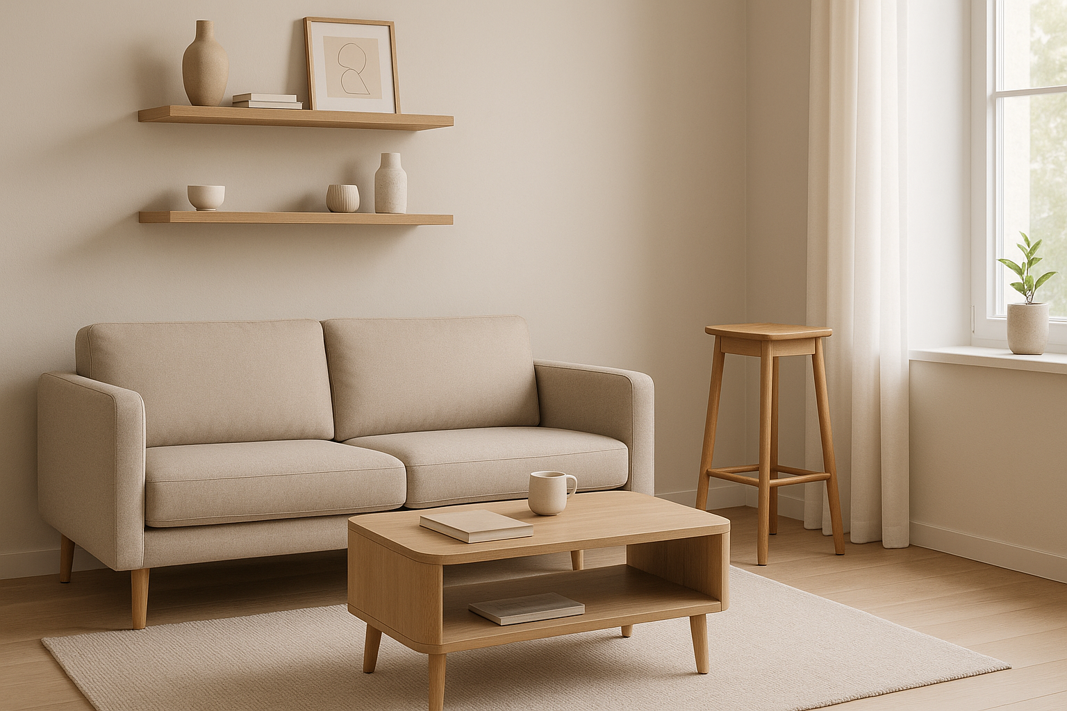 Create a modern, minimalist banner image for a compact furniture brand called Furnitura. The scene should feature a stylish small-space living room with a compact sofa, wall-mounted shelves, a sleek bar stool, and a multifunctional coffee table. Use neutral tones like beige, oak, and soft greys with natural lighting. Add a warm, inviting atmosphere suitable for a Shopify homepage hero section